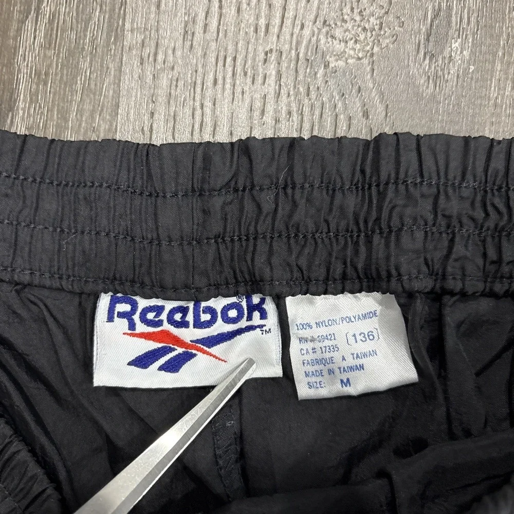 VTG Reebok Mens Track Pants Black Size Medium Elastic Waist Drawstring Nylon Zip